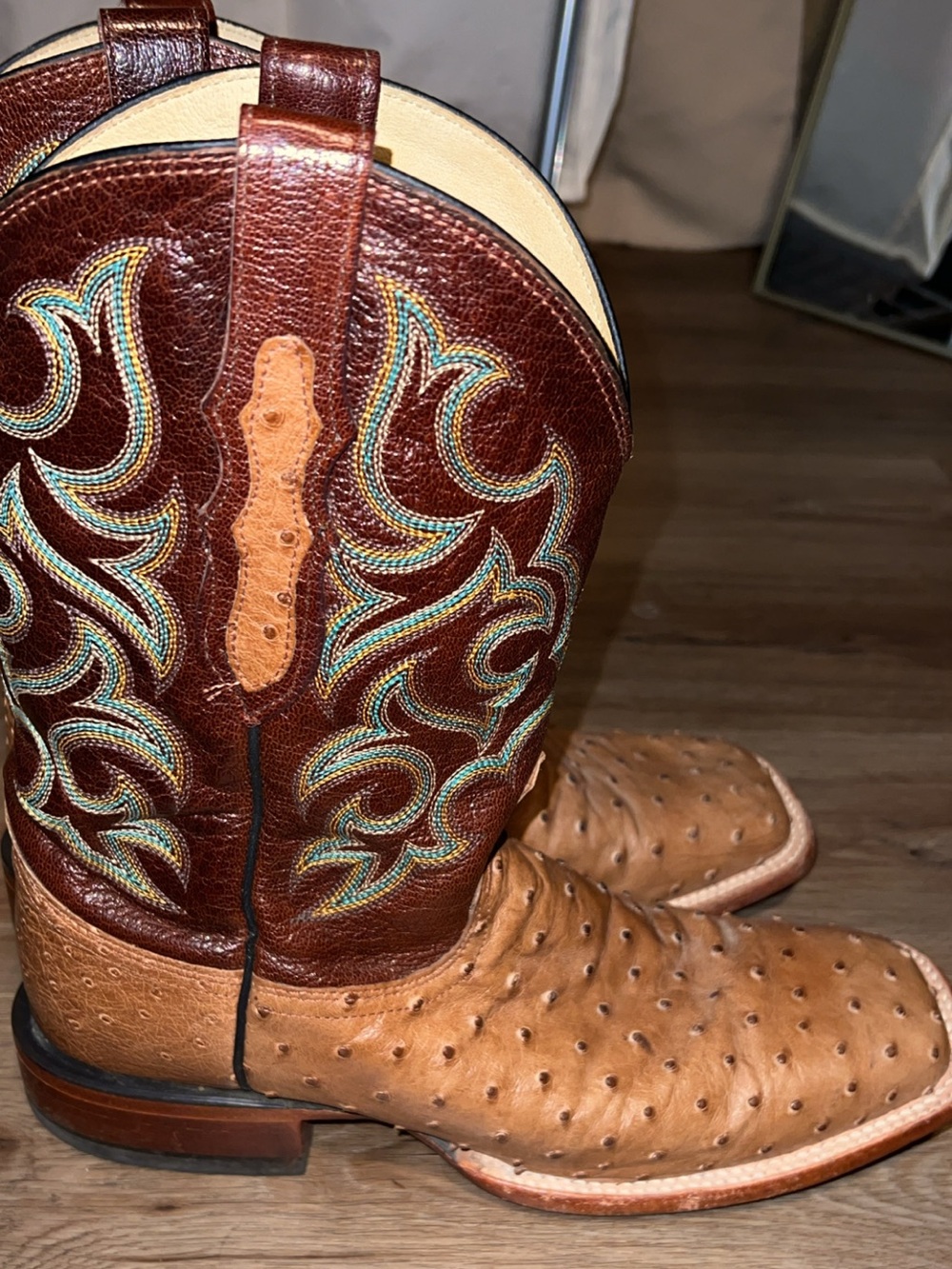 Justin Boots Brown Shaft Tan Ostrich Toe Western Boots with Turquoise Stitching